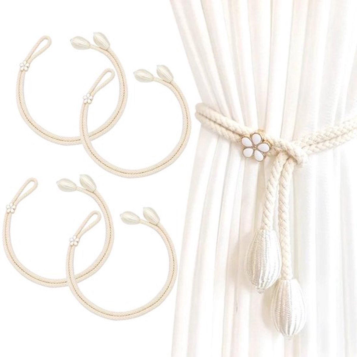 Gordijnhouders Handgemaakt - Gevlochten Touwknoop - Decoratieve Gordijn Holdbacks - 4 Stuks - Lengte 100 cm - Beige