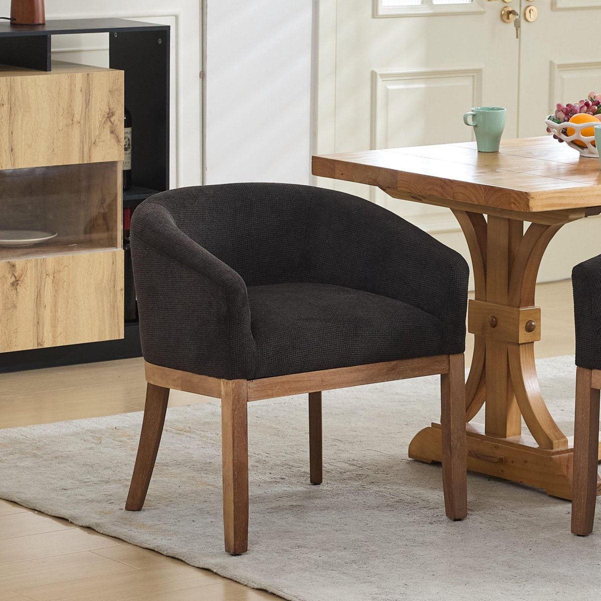 MEUNIQ Eetkamerstoel kuipstoel met armleuningen, chenille stof en houten frame, D 58,5 x B 63 x H 71 cm, voor eetkamer of keuken, grijs Charcoal grey