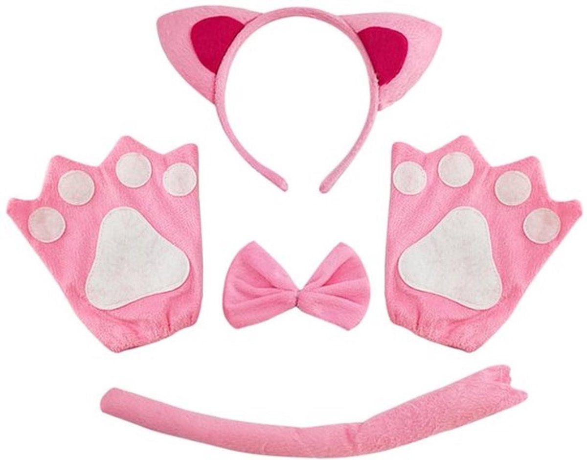 Kattenkostuum - 4-delige set met kattenoren - Kattenstaart - Kattenvlinderdas - Kattenpoothandschoenen - Zacht pluche en polyester - Dierenkostuum