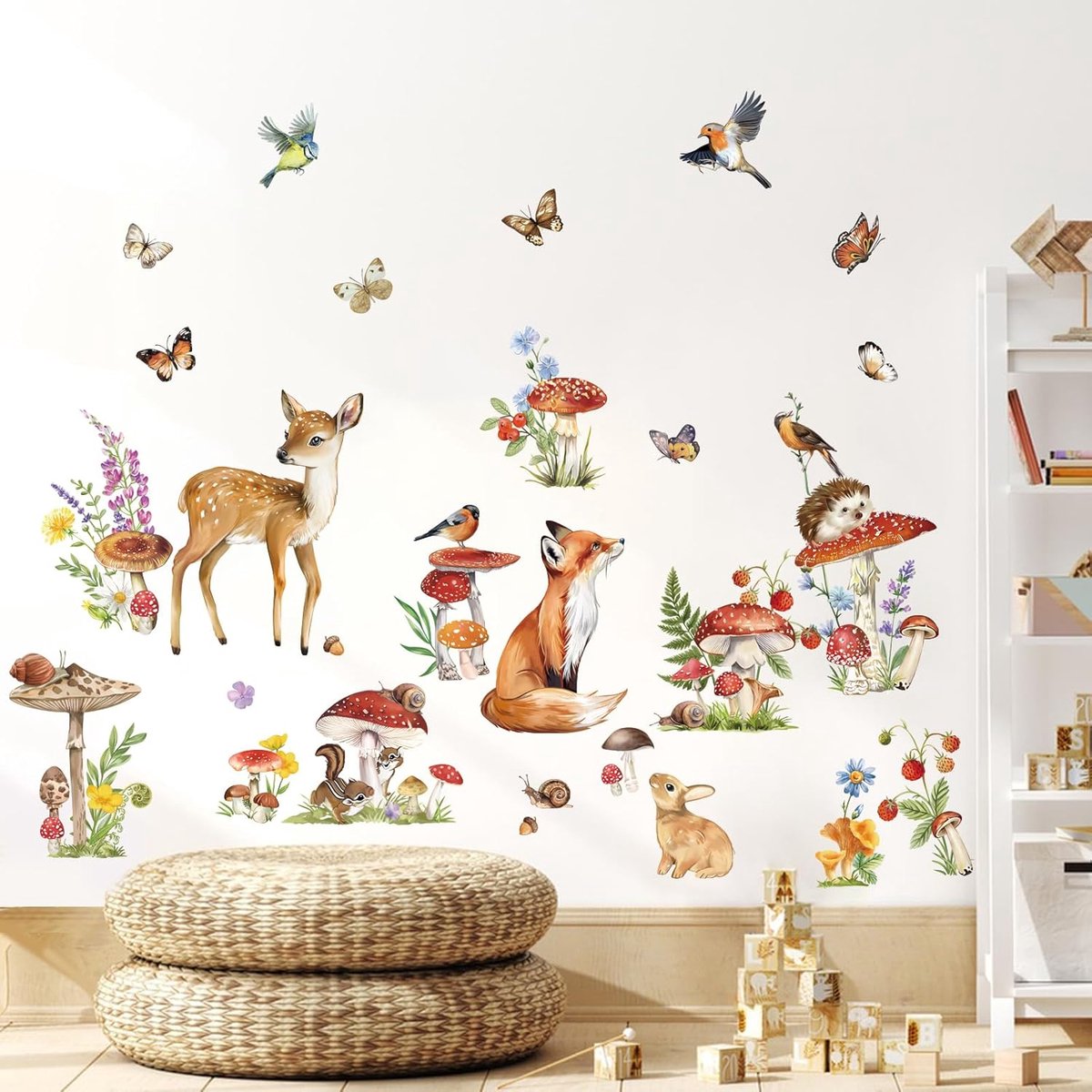 muursticker bosdieren herten - decoratieve wanddecoratie - schattige vos en paddestoelen - ideaal voor kinderkamer - ShopVlot