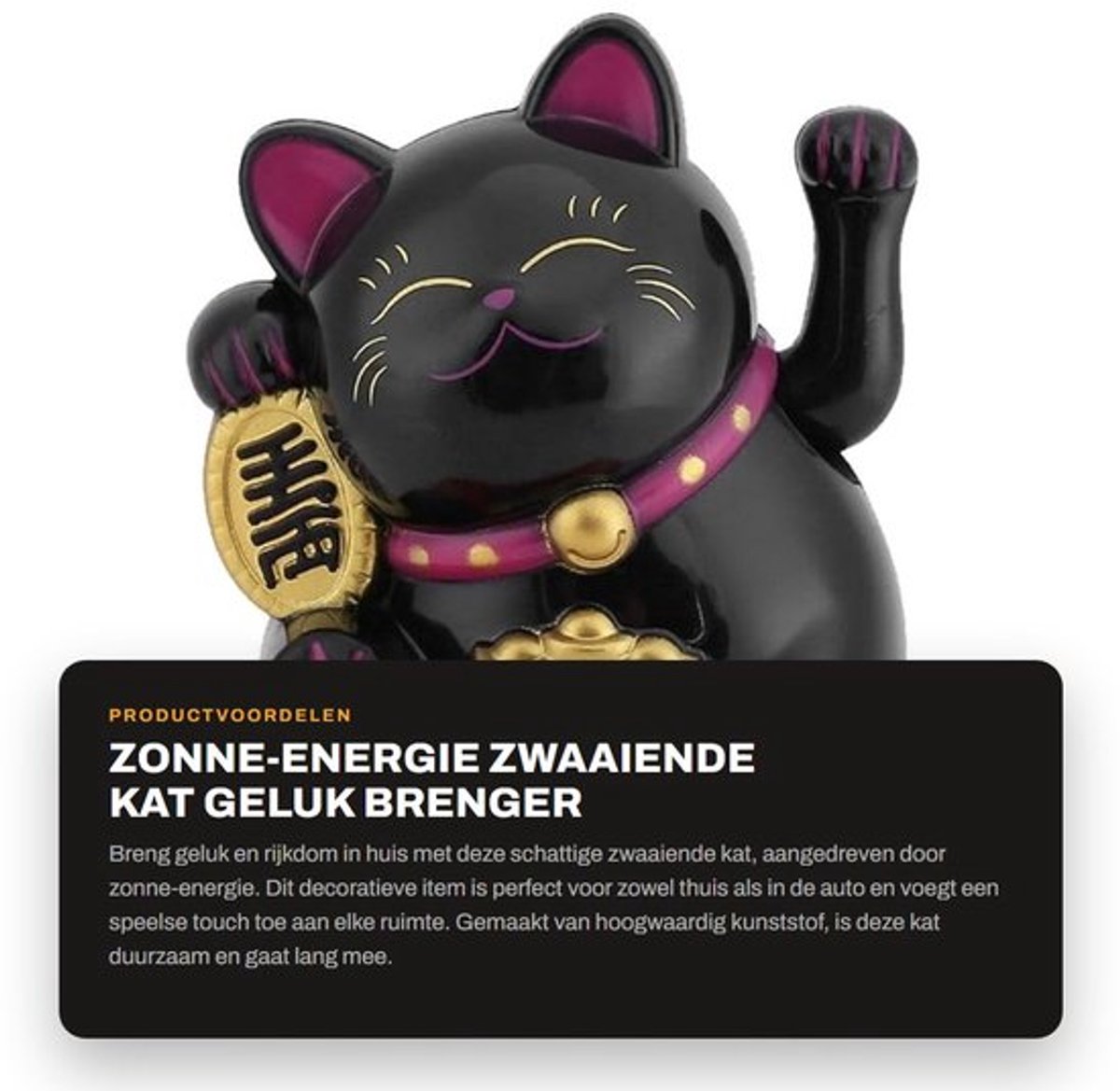 Zonne-energie Zwaaiende Kat - Geluk Brenger - Decoratief voor Thuis en Auto - Zwart - Schattige Kat - Voor Geluk en Rijkdom - Perfecte Gift