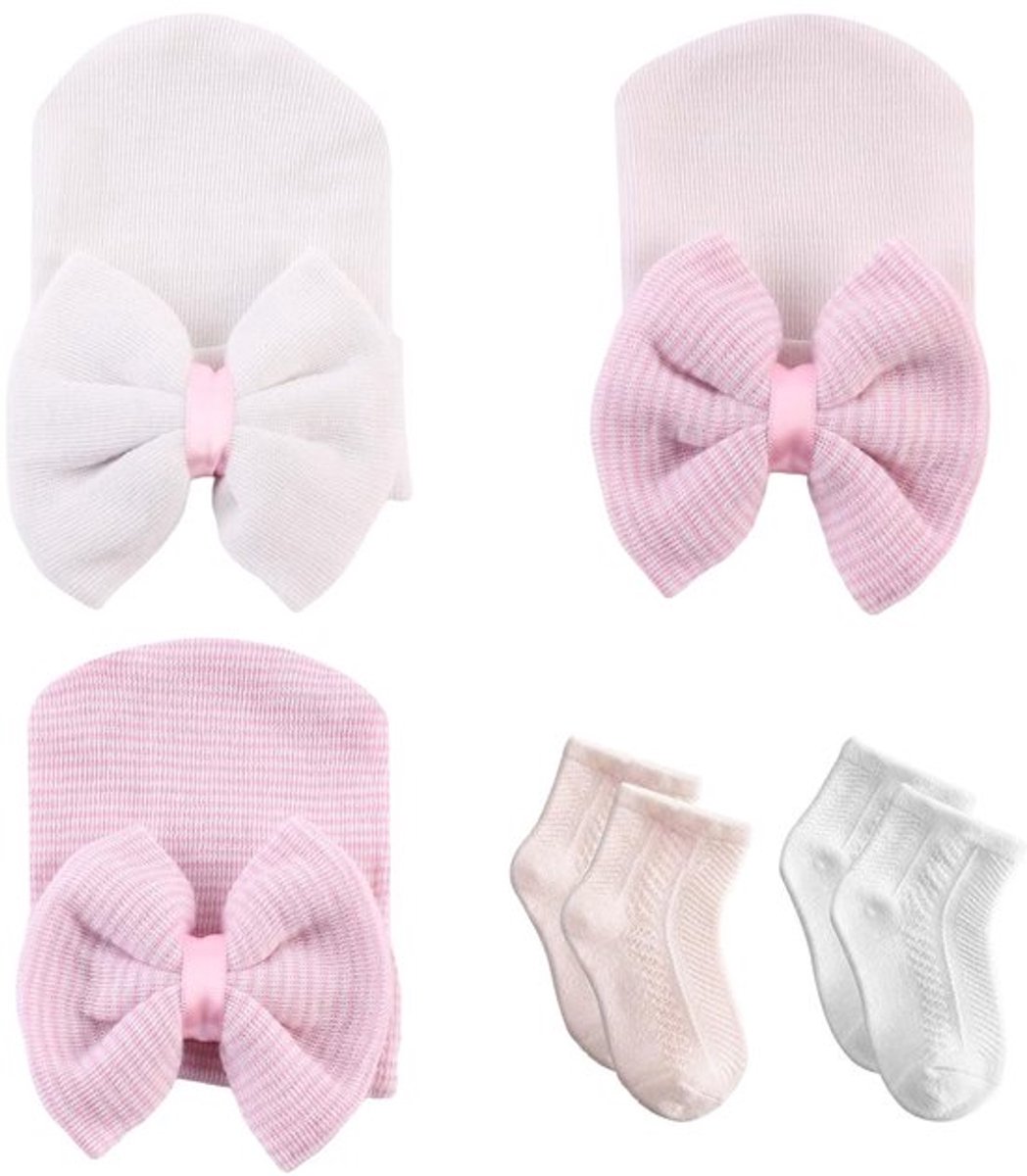 Babymutsen 3 Stuks - Gekamd Katoen - Tulbandmutsen - Roze/Wit - Mutsen voor Pasgeborenen - Ademend Materiaal - Babyhoed