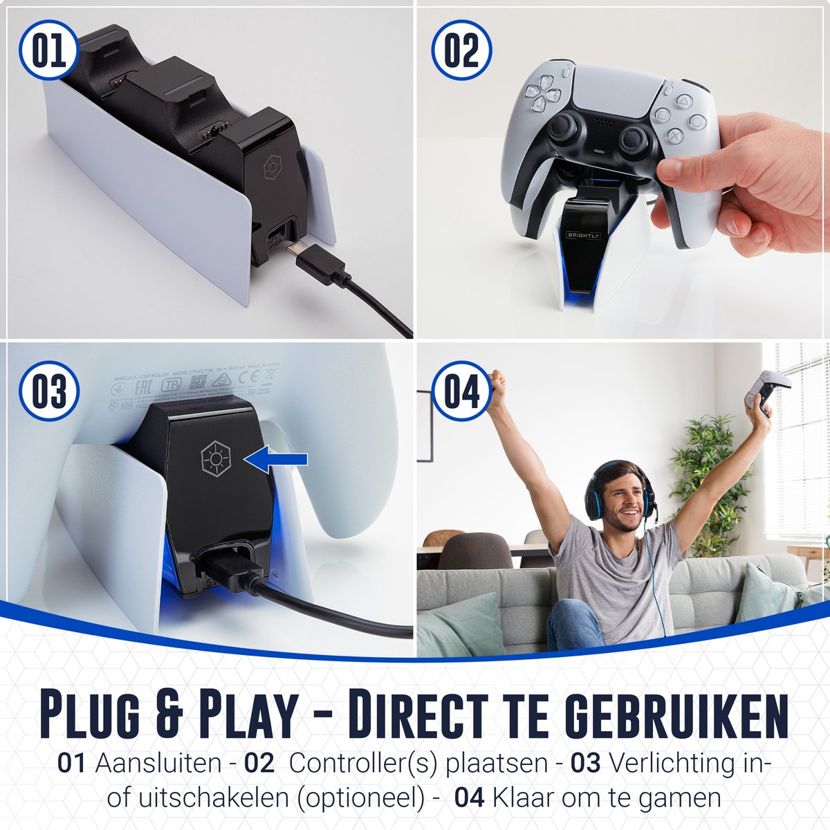 Brightly® PS5 Oplaadstation - Geschikt voor PlayStation 5, PS5 Slim & PS5 Pro DualSense Controllers - LED Indicatie - DualSense Controller Oplader - Docking Station - PS5 Accessoires - Wit – foto 4