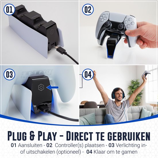 Montage-instructies: Sluit de oplader aan op de PS5 controller. Een man viert feest met controller.