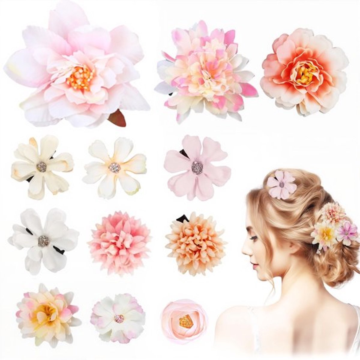 Kunstbloemenhaarspelden 12 stuks - Boheemse Haaraccessoires - Haardecoratie Vrouwen/Meisjes - Feest/Bruiloft - Zachte Stof - Verschillende Maten 3-8 cm
