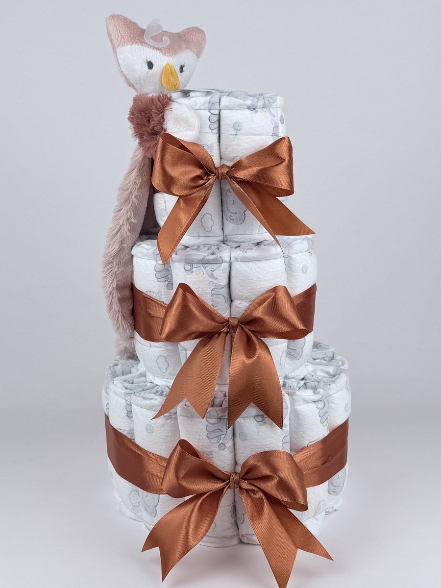 Chouette-Chouette | Luiertaart Meisje | Kraamcadeau | Geboorte Meisje | Babyshower | Tuttle Uil Olivia Koper