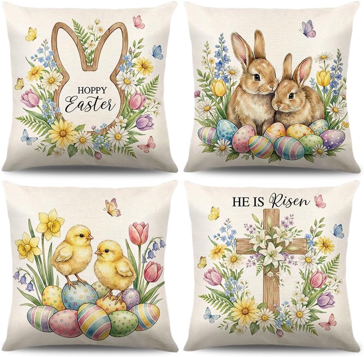 Kussenhoezen 40 x 40 cm - Linnenlook - Bloemen en Konijn - Perfecte Pasen Decoratie - ShopVlot