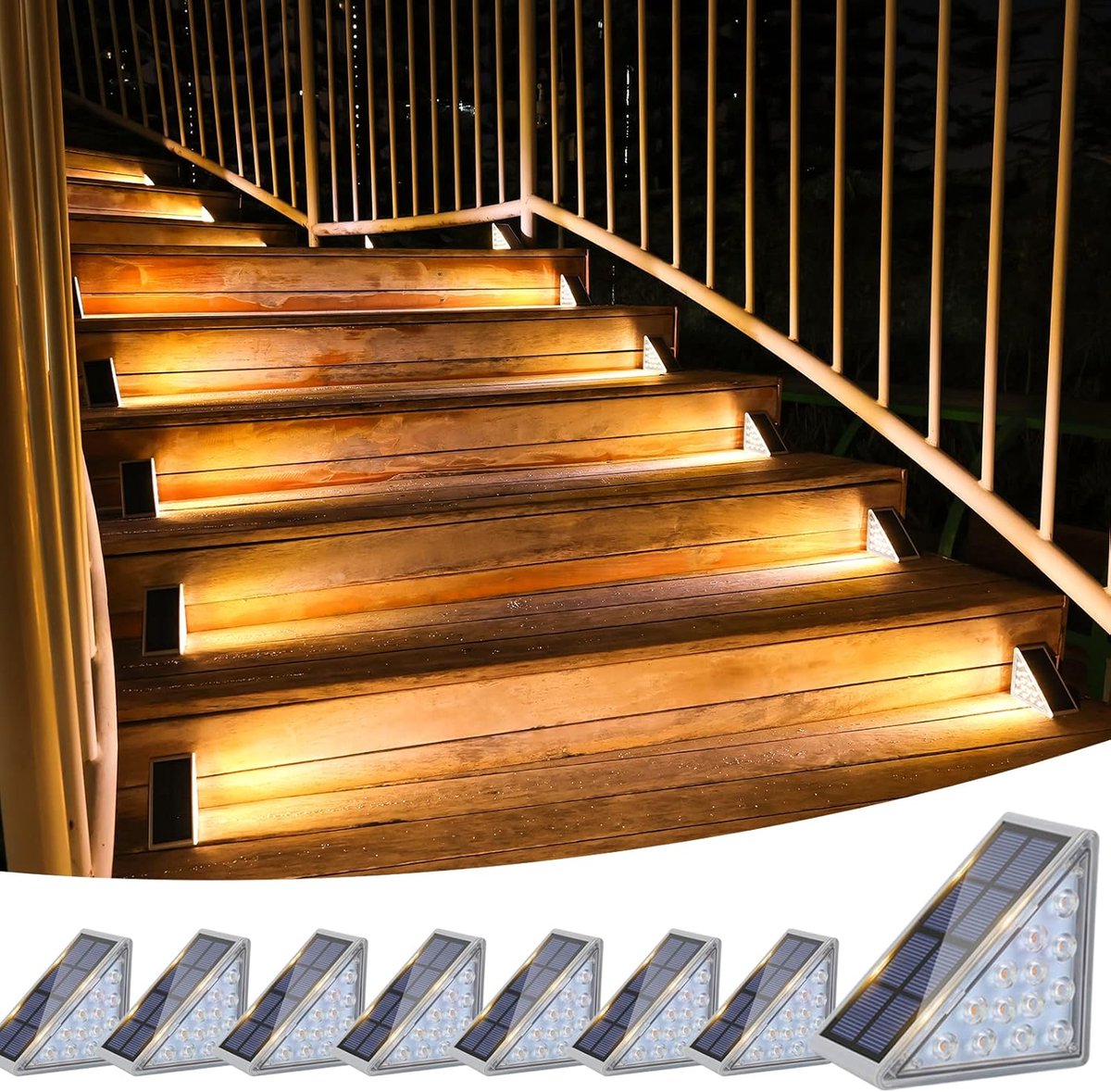 SnelShoppen - Set van 8 Solar Traplichten Buiten IP67 Waterdicht 80 Lumen Kerstverlichting voor Tuin, Patio, Voordeur, Trap, Warm Wit