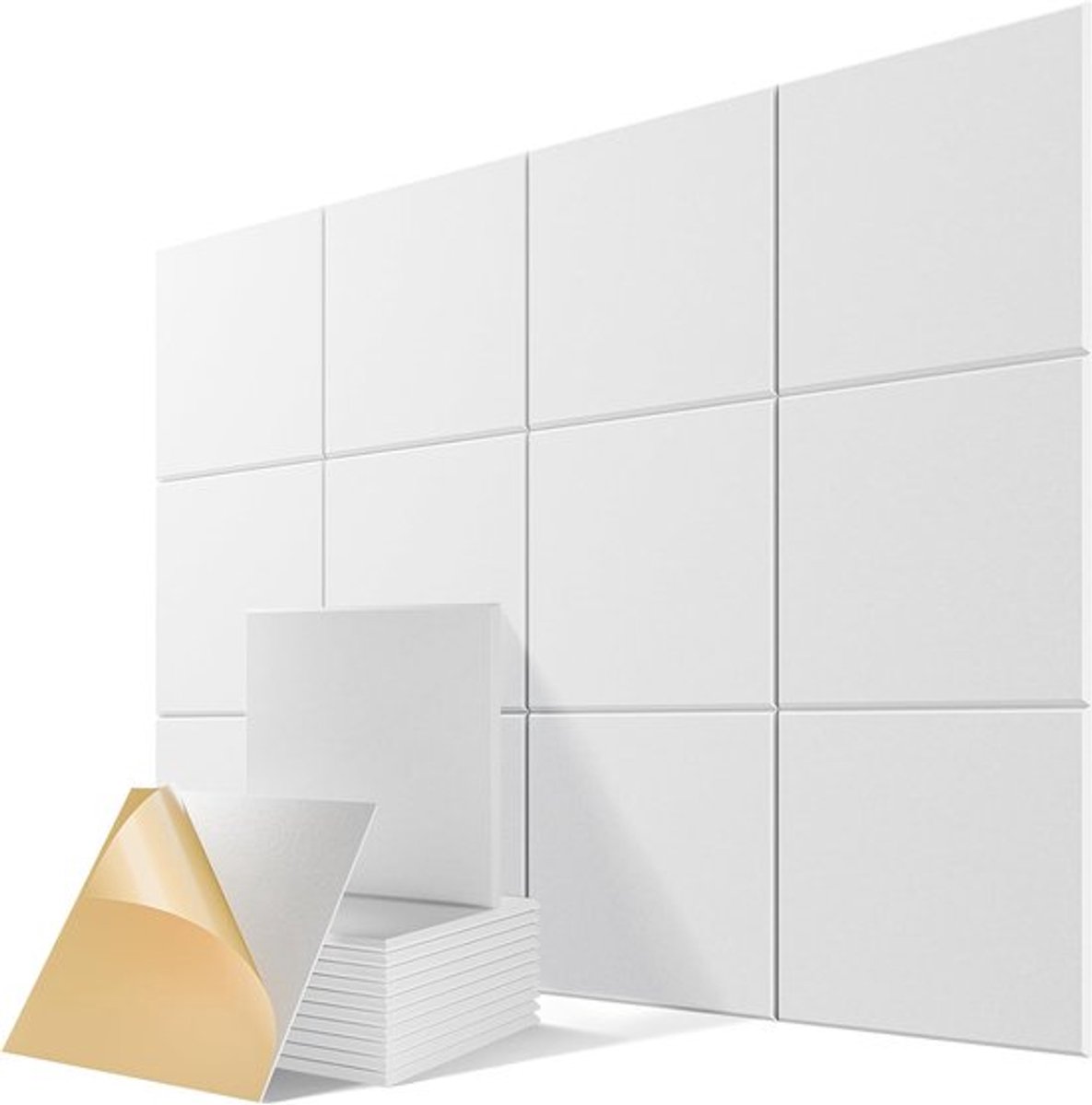 Verpakking van 12 zelfklevende geluidsabsorberende panelen, 30,5 cm x 30,5 cm x 1 cm, geluidsabsorberende schuimpanelen van polyester met hoge dichtheid, geschikt voor wanden, geluidsisolatie in huis en op kantoor (wit).