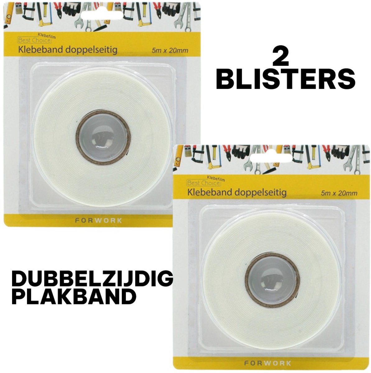 Dubbelzijdige Kleefband – 2× 5 m × 20 mm – Extra Sterk – Op Blister (Totaal 10 m)