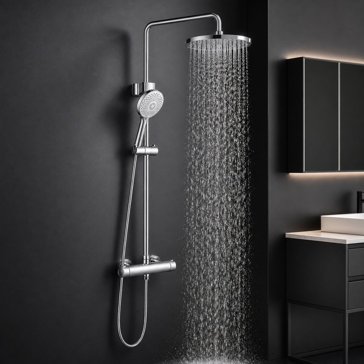 SnelShoppen - JUSTER Thermostatisch Douchesysteem Chroom Compleet Douchebeslagset met Ronde Regendouchekop en Verstelbare Douchestang voor Luxe Douche
