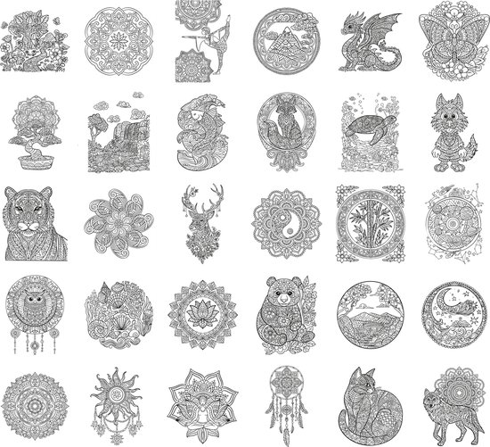Collage van 30 gedetailleerde zwart-wit tekeningen met dieren en mandala's.