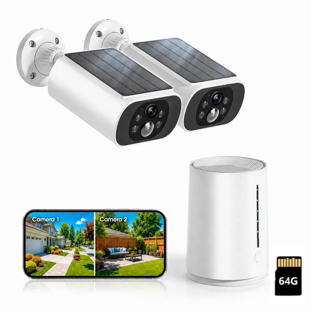 Draadloze Beveiligingscamera - Voor Buiten en Binnen - 2 Bulletcamera’s en Basisstation - 2K - Kleurennachtzicht - Lokale Opslag - Geen Maandelijkse Kosten - met 64GB TF-Kaart