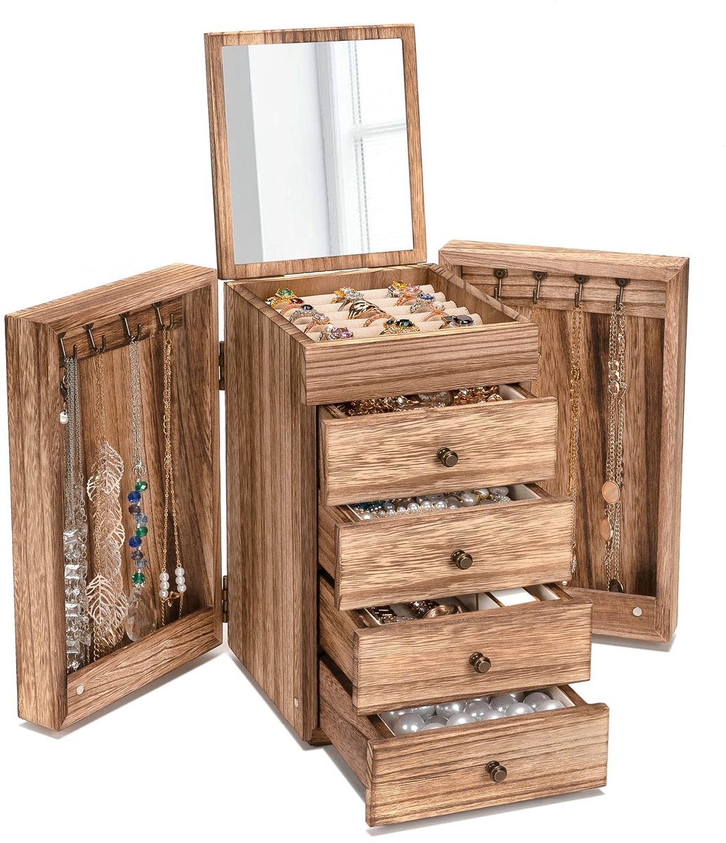 SnelShoppen - Emfogoo 5e Verdieping Sieradendoosje voor Dames, Groot Rustiek Houten Sieradenorganizer met Spiegel, Juwelenkist voor Ringen, Oorbellen,