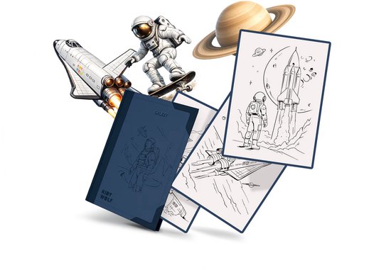 Een astronaut op een skateboard, een spaceshuttle en Saturnus rond een donkerblauwe map met astronauten-illustraties.