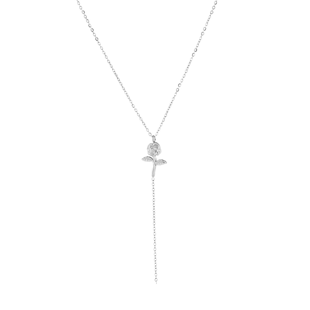 Elegante Dames Y-Ketting - Verfijnde Schakelketting met Gedetailleerde Roos Bedel - Zilver