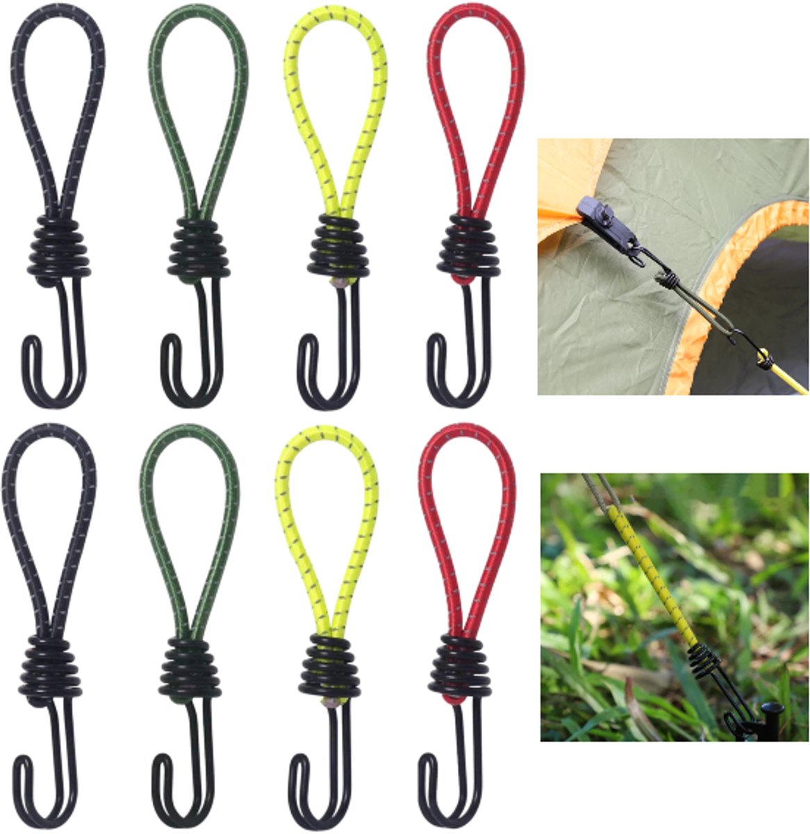 8 stuks- Elastisch koord met dubbele haak - Gesp voor elastisch koord voor tent - Bevestigingsriemen met haak - Elastische band - Bevestigingsriemen voor buiten - Groen, geel, zwart, rood - Geschikt voor kamperen, wandelen, tenten, vrachtwagens