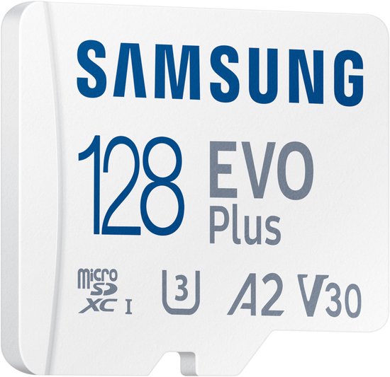 Samsung 128 GB EVO Plus microSD kaart met U3, A2, V30.
