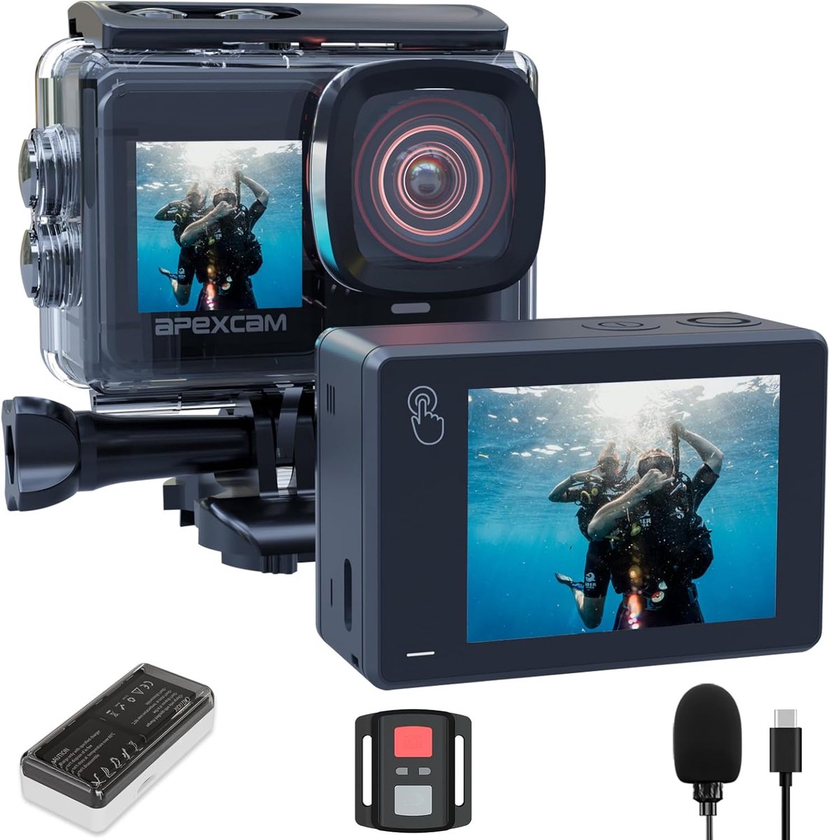 SnelShoppen - Apexcam X80Pro Action Cam 4K 60FPS met 64G-kaart, 64MP, Dubbele Schermen, 40m Waterdicht, EIS Beeldstabilisatie, Wifi, Vlog Camera met 2