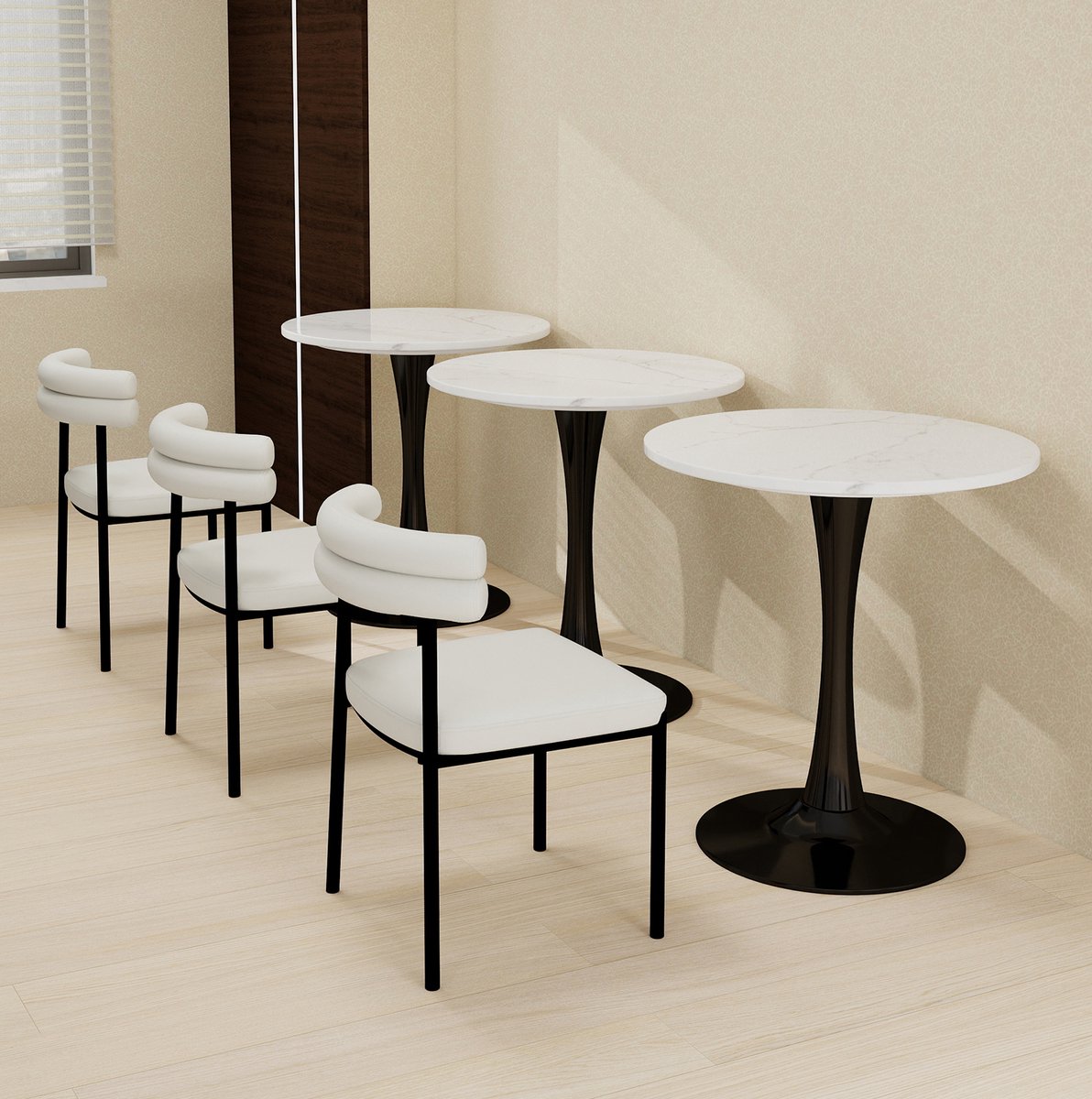 MEUNIQ ronde eettafel 70 cm met marmerlook tafelblad en zwarte metalen poot, vaste hoogte 72 cm, modern design voor eetkamer en woonkamer