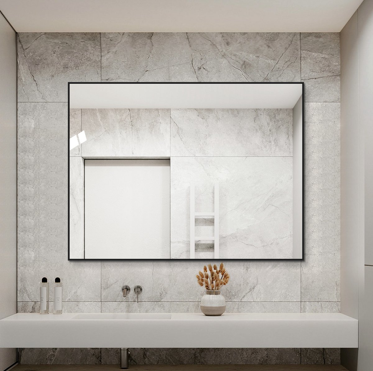 Badkamerspiegel Wandspiegel 60 x 80 cm Rechthoek Zwart Aluminium Glas Modern Horizontaal Verticaal