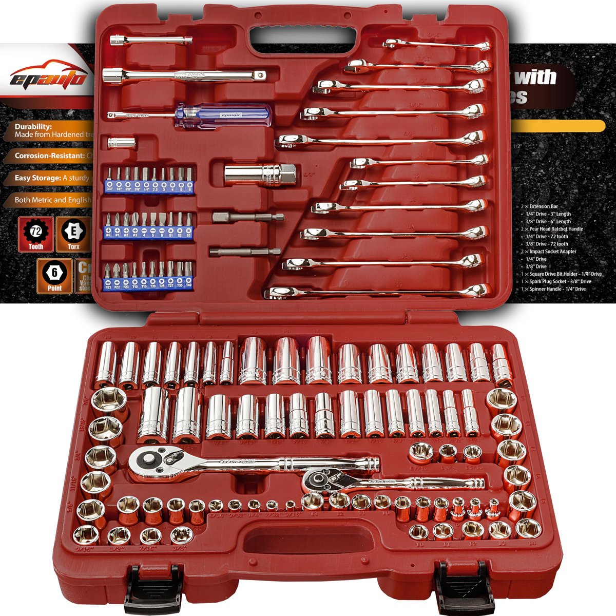 SnelShoppen - 122-delige Mechanica Gereedschapset Aandrijfsleutel Ratchets, SAE/Metric, Professioneel Gereedschap, Hoogwaardige Kwaliteit, Voor Auto O