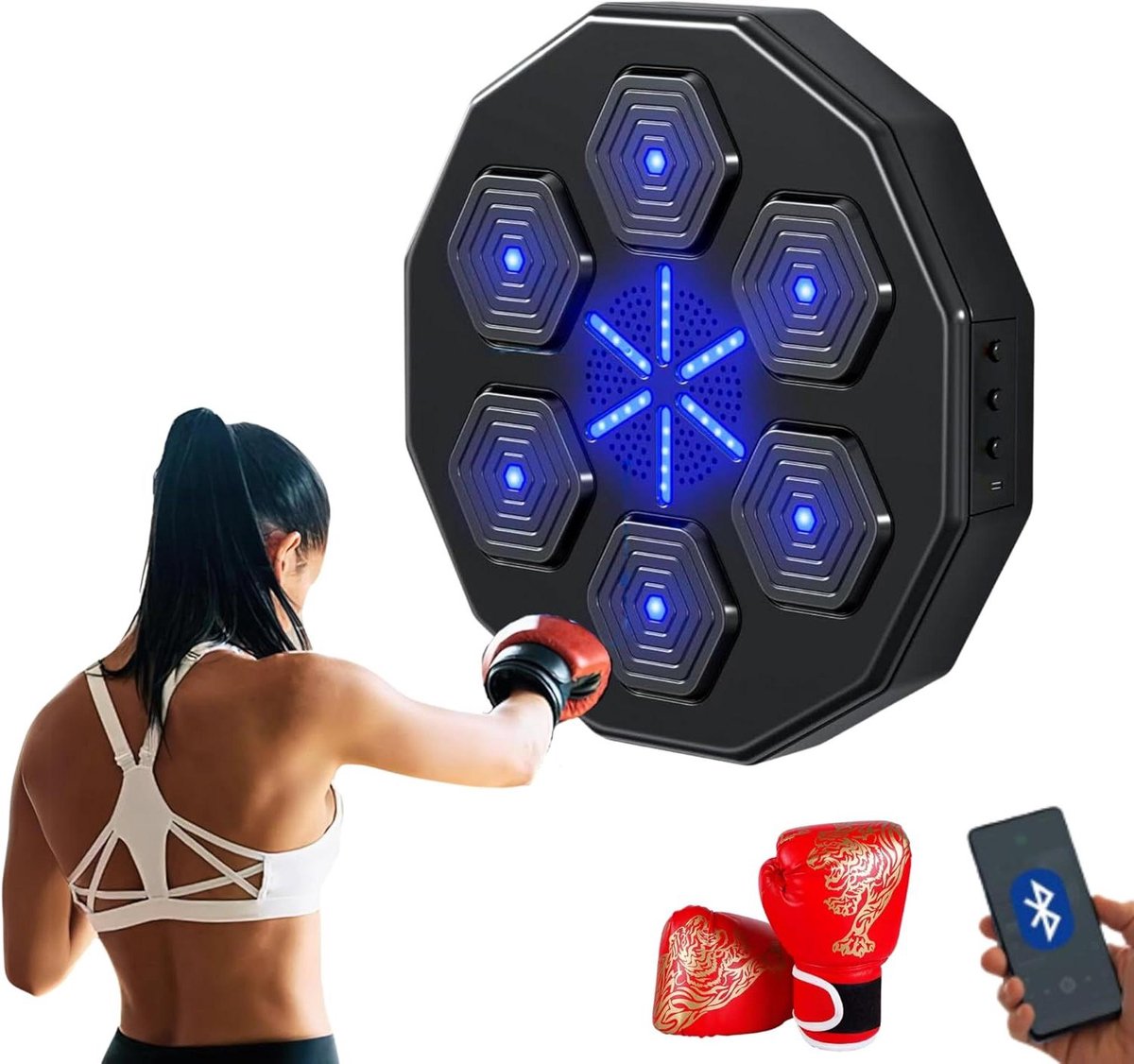 Muziek Boksmachine - Wand Bokstrainer - Thuis Sporten - Verlichting op Ritme - 43 x 43 cm - Zwart