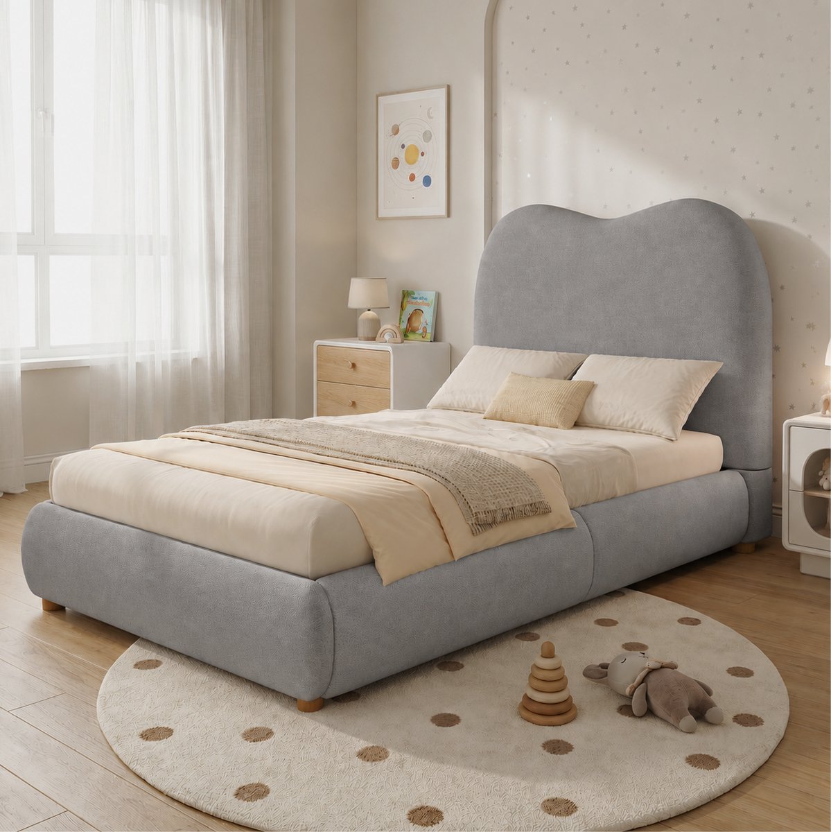Polsterbed 90 x 200 cm Zonder Matras – Hydraulisch Kinderbed Met Lattenbodem En Grote Opbergruimte – Stof – Grijs