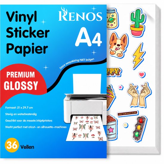 Pak met 36 vellen A4 glossy vinyl stickerpapier, met diverse stickers van een Corgi, bliksemschicht, en stoplicht.