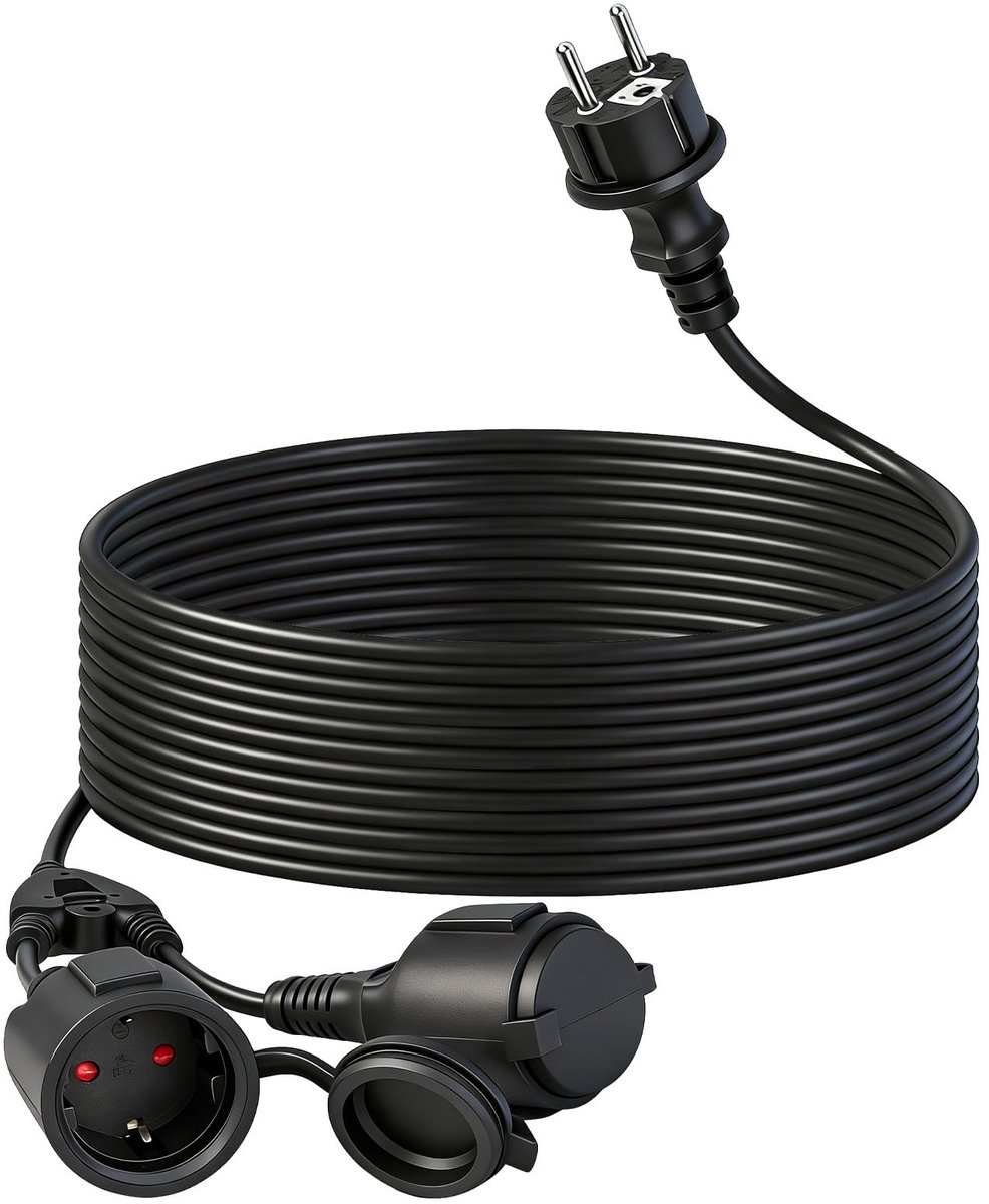 SnelShoppen - Verlengkabel 10 m met Schuko stopcontacten, 16 A, 250 V, IP44 waterdichte meervoudige stekker voor buiten, tuin, kantoor, camping en fee