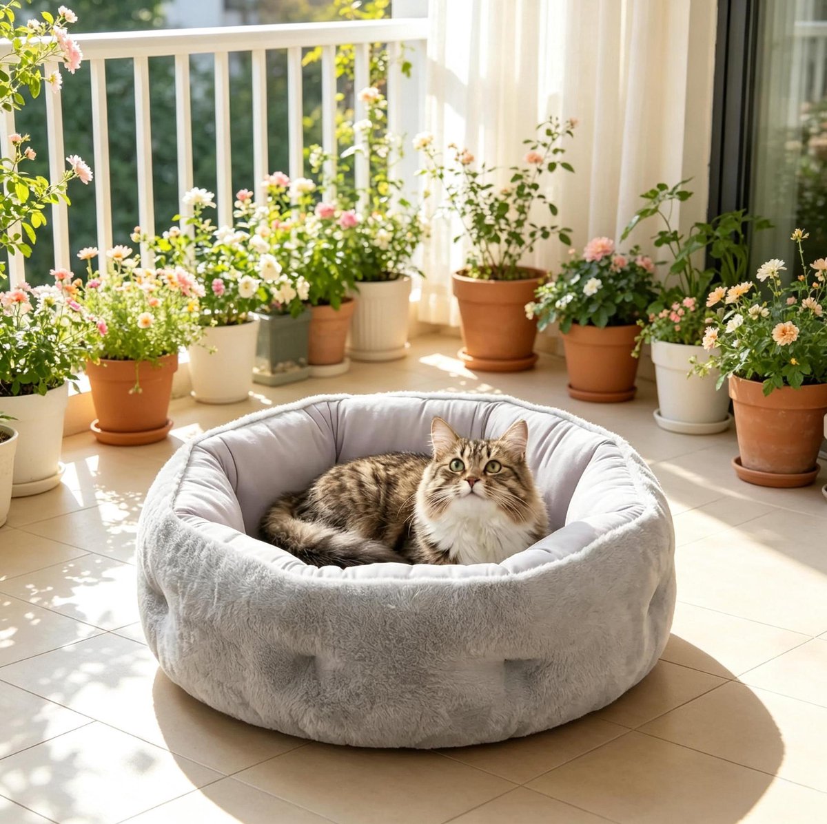 Dierenmand Omkeerbaar – 62 x 62 x 21 cm – Pluche En Katoen – Lichtgrijs – Rond Slaapbed Voor Katten En Kleine Honden