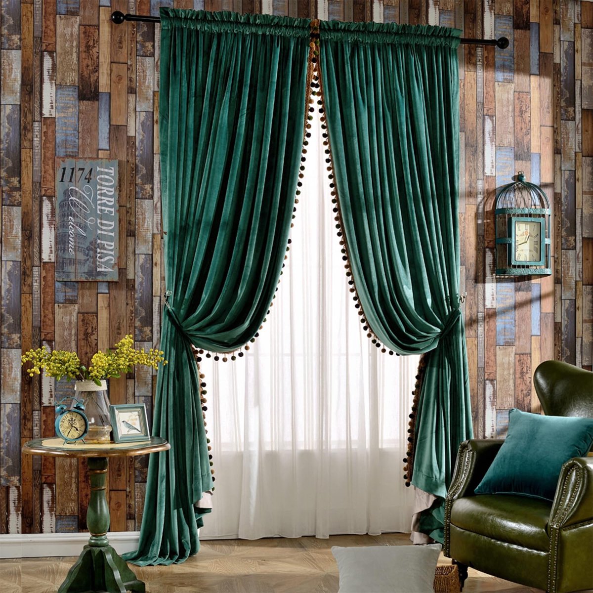 SnelShoppen - Fluwelen verduisterende gordijnen met pompons voor slaapkamer woonkamer - Vintage luxe thermisch geïsoleerde roedezak gordijnen - Antiek