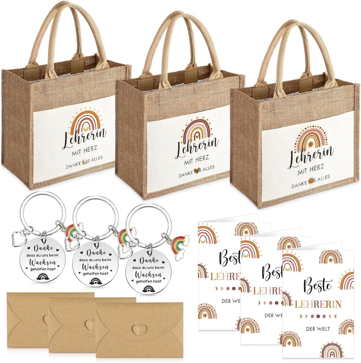 3 Sets Jute Bag voor Lerarenafscheid - Bohemian Rainbow Burlap Tas met Sleutelhangers en Enveloppen voor Bedankjes en Cadeaus