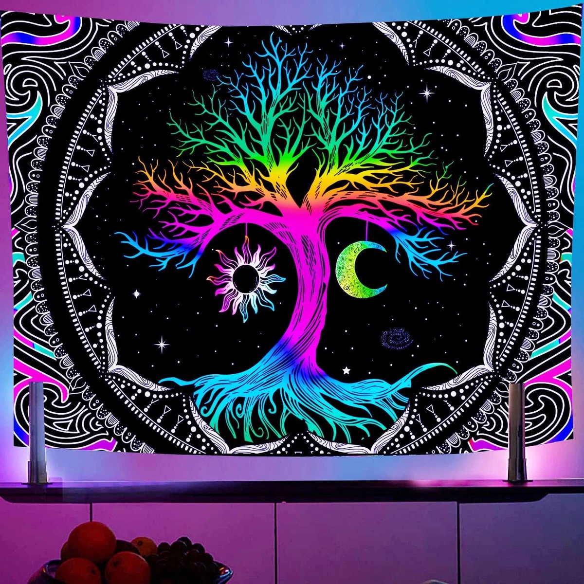 Zwarte Wandtapijt met Levensboom en Zon en Maan voor Slaapkamer en Woonkamer, 130x150cm Decoratie