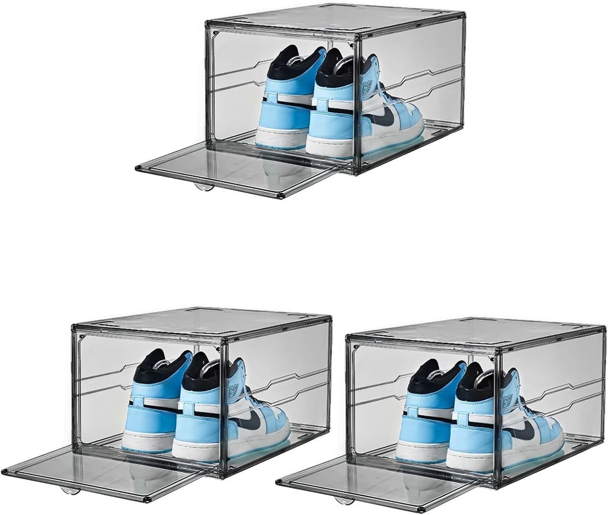 Stapelsysteem voor Doorzichtige Schoenendozen - 3 Stuks met Magnetische Deur - Ideaal voor Sneakers, Schoenopslag en Organisatie - 37 x 27 x 20 cm