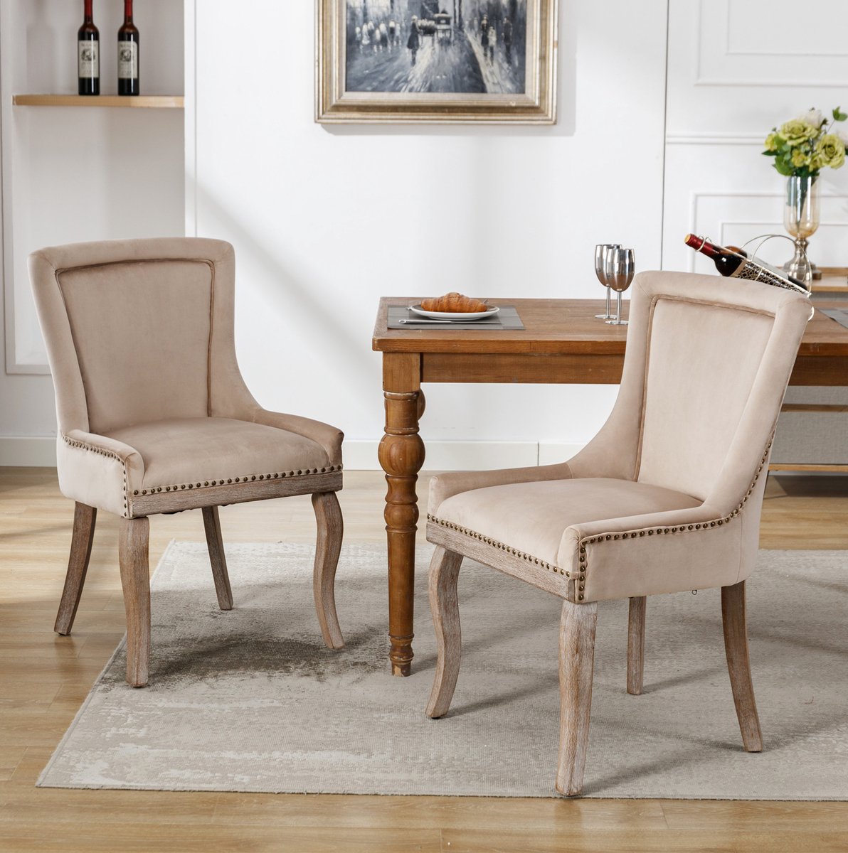 MEUNIQ set van 2 eetkamerstoelen in beige velvet met armleuningen, zachte zitting, massief houten 4-poots onderstel en draagvermogen tot 150 kg