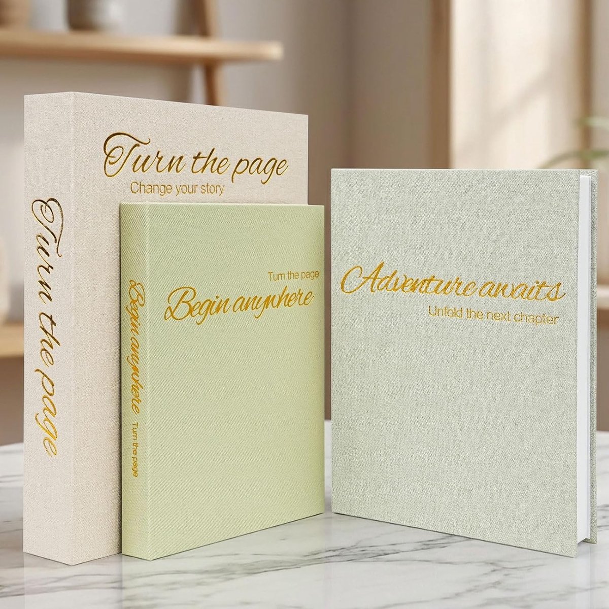 Set van 3 Decoratieve Opbergdozen voor Boeken, Vintage Linnen Fotodozen in Stoffig Saliegroen, Perfect voor Salontafel en Boekenplank Decoratie