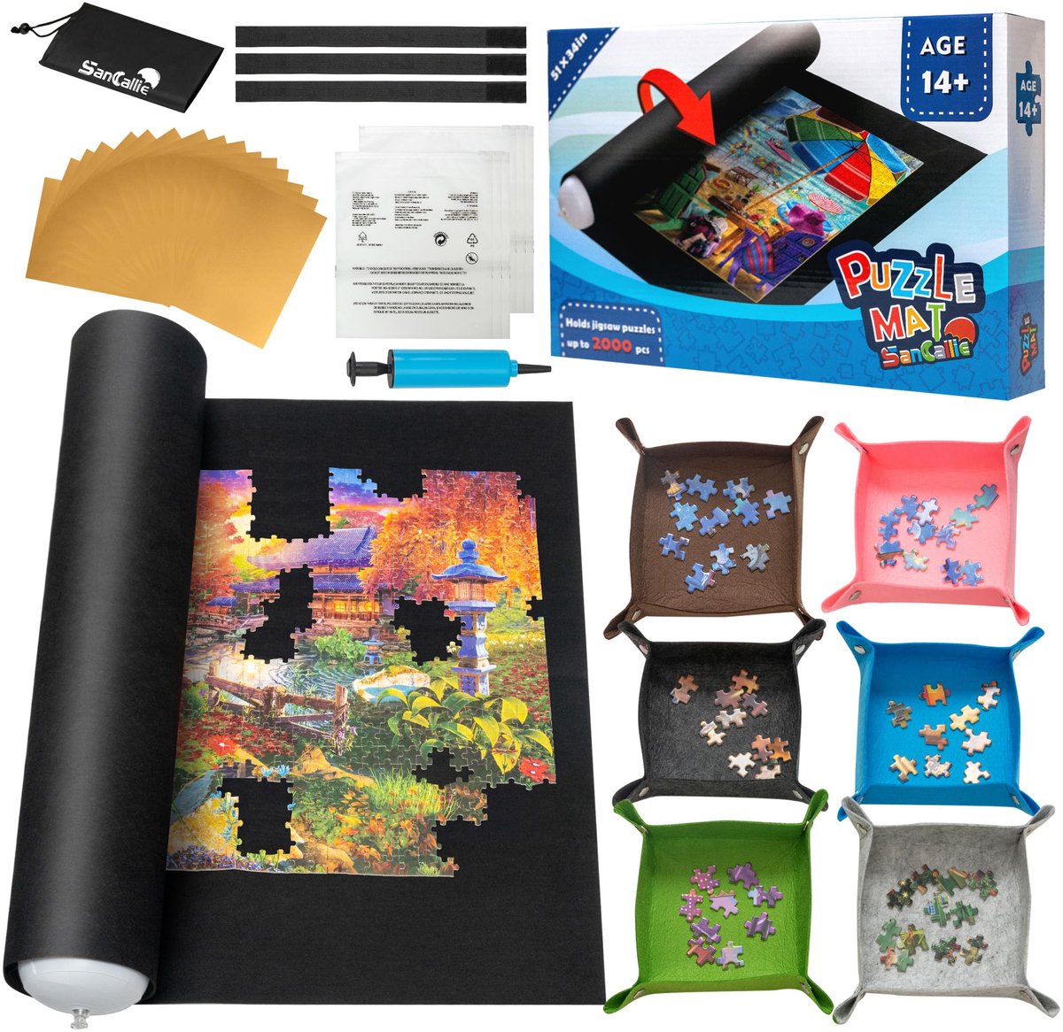 SnelShoppen - Legpuzzelmat voor 2000 Stuks, Vilten Rolmat met 6 Kleurrijke Dienbladen, Puzzelspeler, Geschenkdoos met Trekkoord Opbergtas, 3 Elastisch