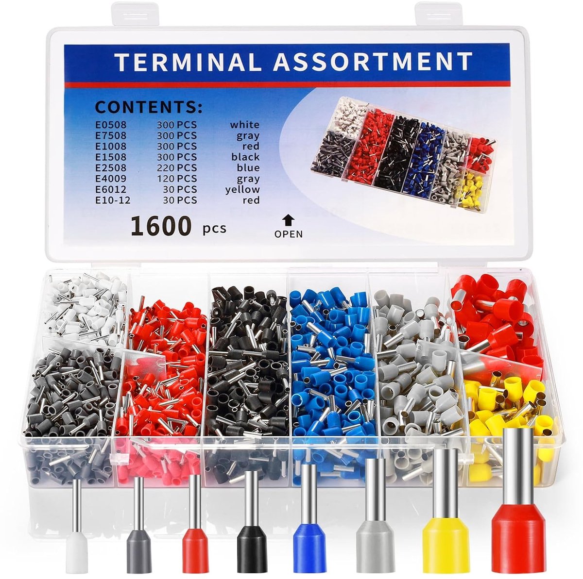 Complete Set van 1600 Stuks Crimp Terminals en Connectoren voor Elektrische Verbindingen met Assortiment Box en 8 Soorten Kabelschoenen