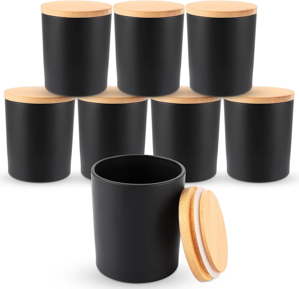 Set van 8 Dikke Glazen Kaarsenhouders met Bamboedeksel, Glazen Opbergpotten, 300 ml, Ideaal voor Badkamer, Keuken en Organisatie
