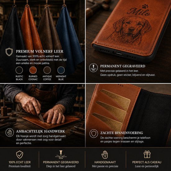 Detailopname van een bruin lederen telefoonhoesje met een gegraveerde hondenkop en de naam 'Milo'.