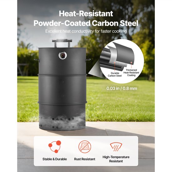Rookoven, 470mm, Houtskoolbarbecue met Gecoat Stalen Vat, Voorzien van 2 Grillroosters, Ophangstang, 6 Haken en Thermometer, Perfect voor Tuinfeesten en Terrasgebruik — afbeelding 4