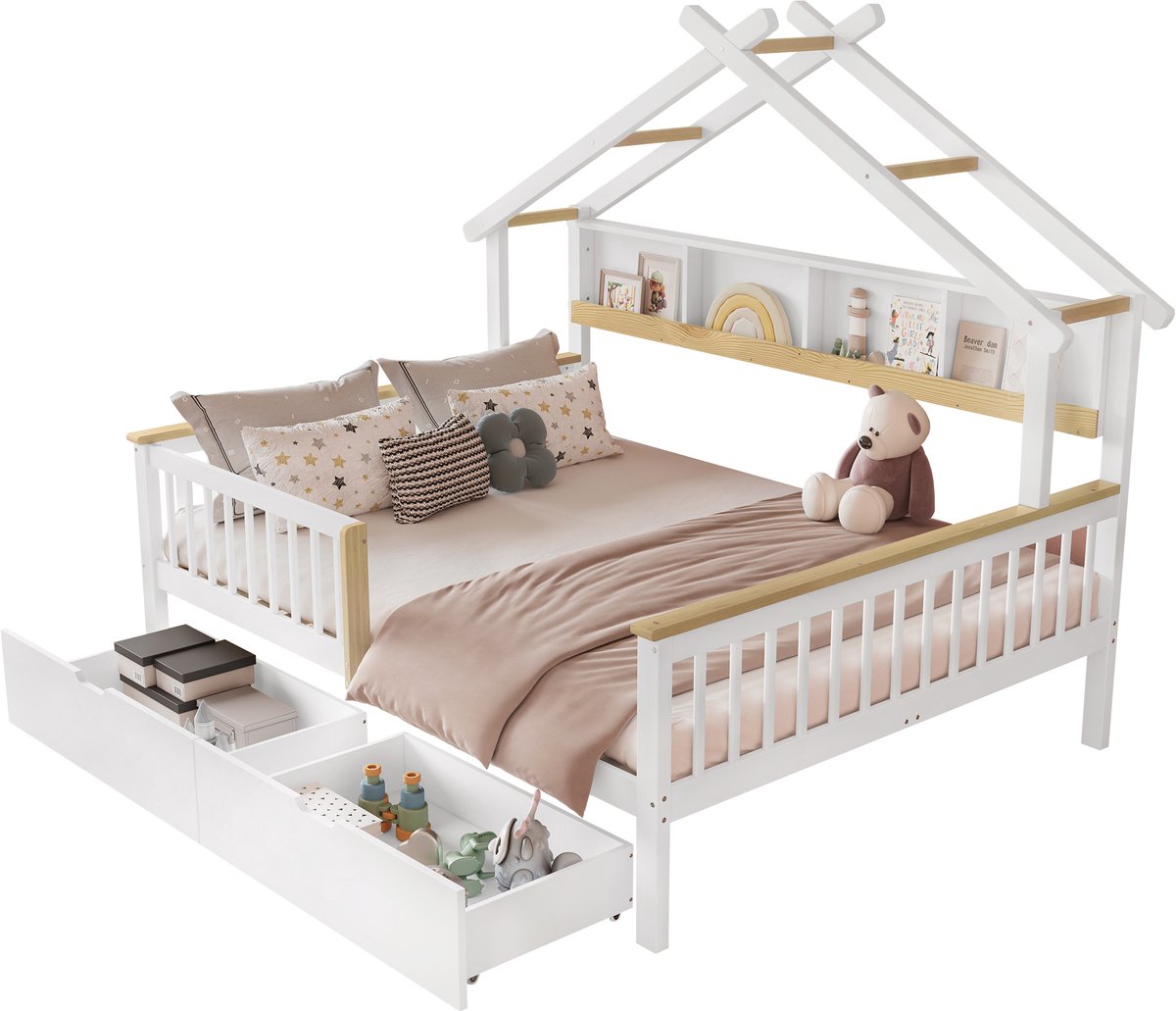 Kinderbed 140x200 - Huisbed Met Lades - Uitvalbeveiliging - Houten Bed Met Dak - Kinderkamer - 218,5x146,5x152cm - Wit Natuur