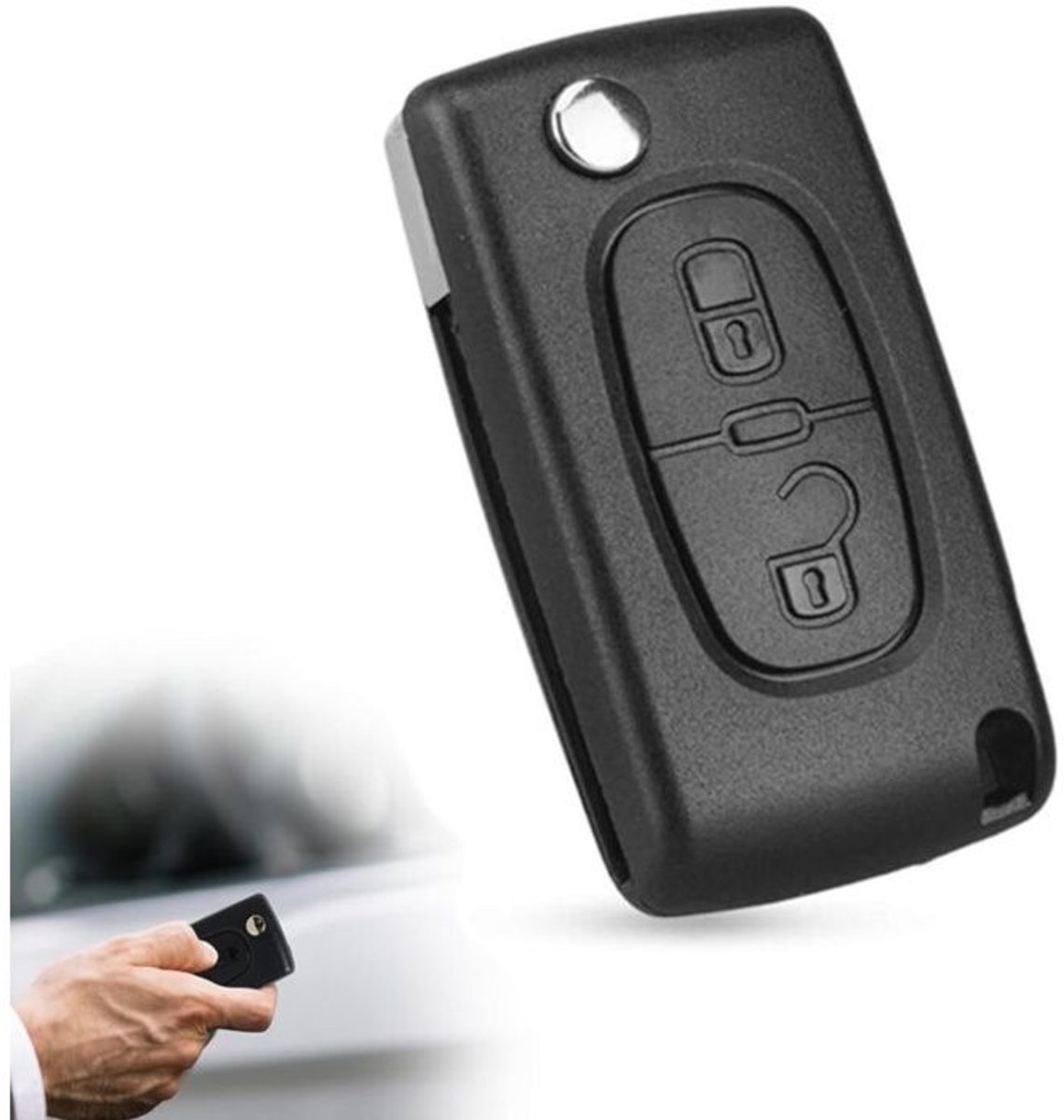 Sleutelbehuizing met twee knoppen, Geschikt voor Peugeot 207, 307, 308, 407, Citroën C2, C3, C4, C5 en C6, CE0523/HU83, met sleuf maar zonder basis.
