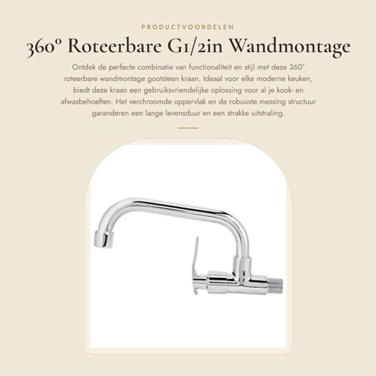 Gootsteenkraan 360° Roteerbaar - Wandmontage - Enkele Koudwaterkraan - Ergonomisch Handvat - Messing/Roestvrij Staal - Corrosiebestendig - Keukenkraan