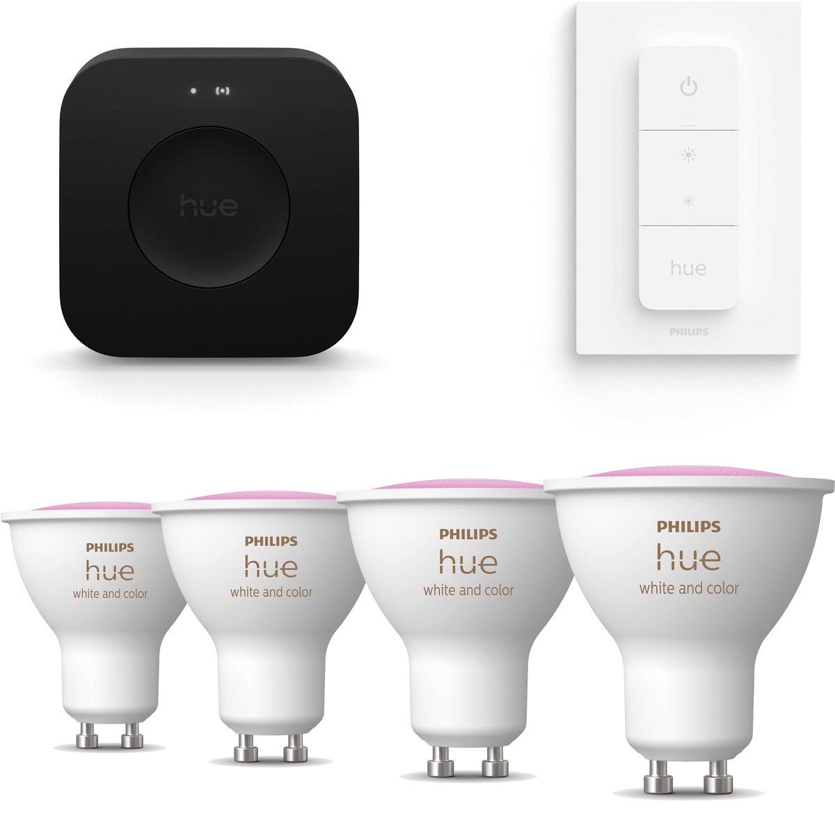 Philips Hue Starterspakket - GU10 - met 4 Spotjes - Wit en Gekleurd Licht - Incl. Hue Bridge Pro, Hue Dimmer Switch - Hue White and Color Ambiance