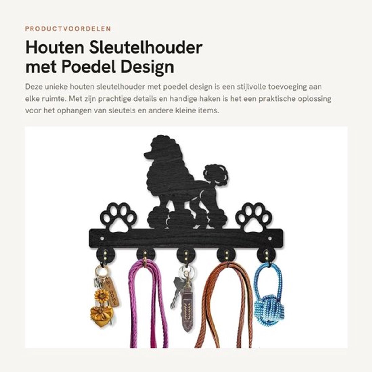 Sleutelhouder Poedel Hond Design - Houten Sleutelhanger - Wandmontage - 5 Haken - Decoratie - 300 mm x 200 mm