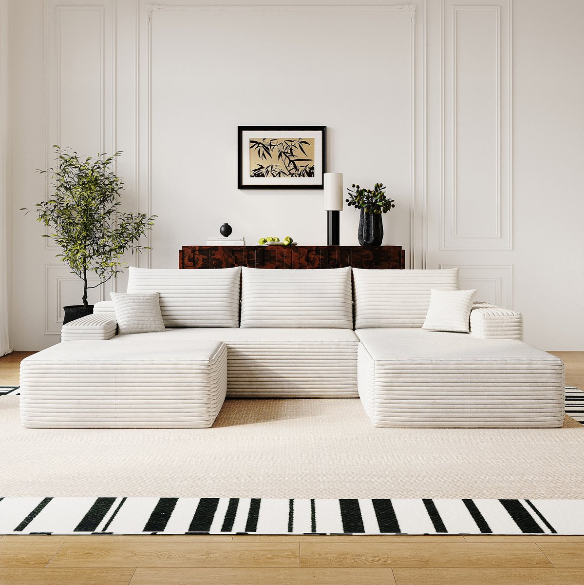 OKWISH Hoekbank 270 cm - Modulaire 4-Zits Met L-Vormige Chaise Longue En Diepe Zit - Zonder Montage Voor Woonkamer Of Slaapkamer - Corduroy - Wit