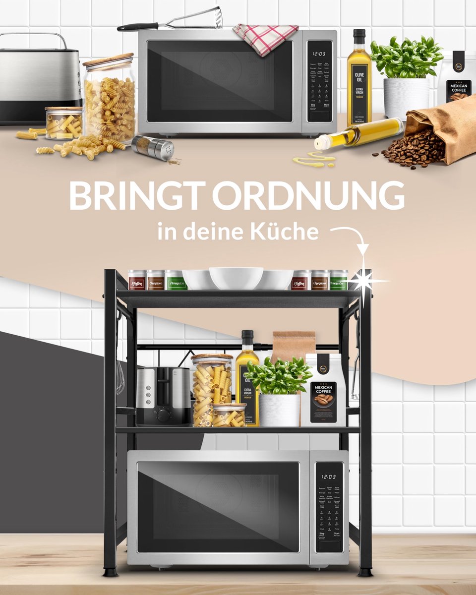 SnelShoppen - Microwave Rack Keukenrek Hoogte en Lengte Verstelbaar Staal (3-Laags) | Magnetron Rek met Video-instructie en Haken - Zwart