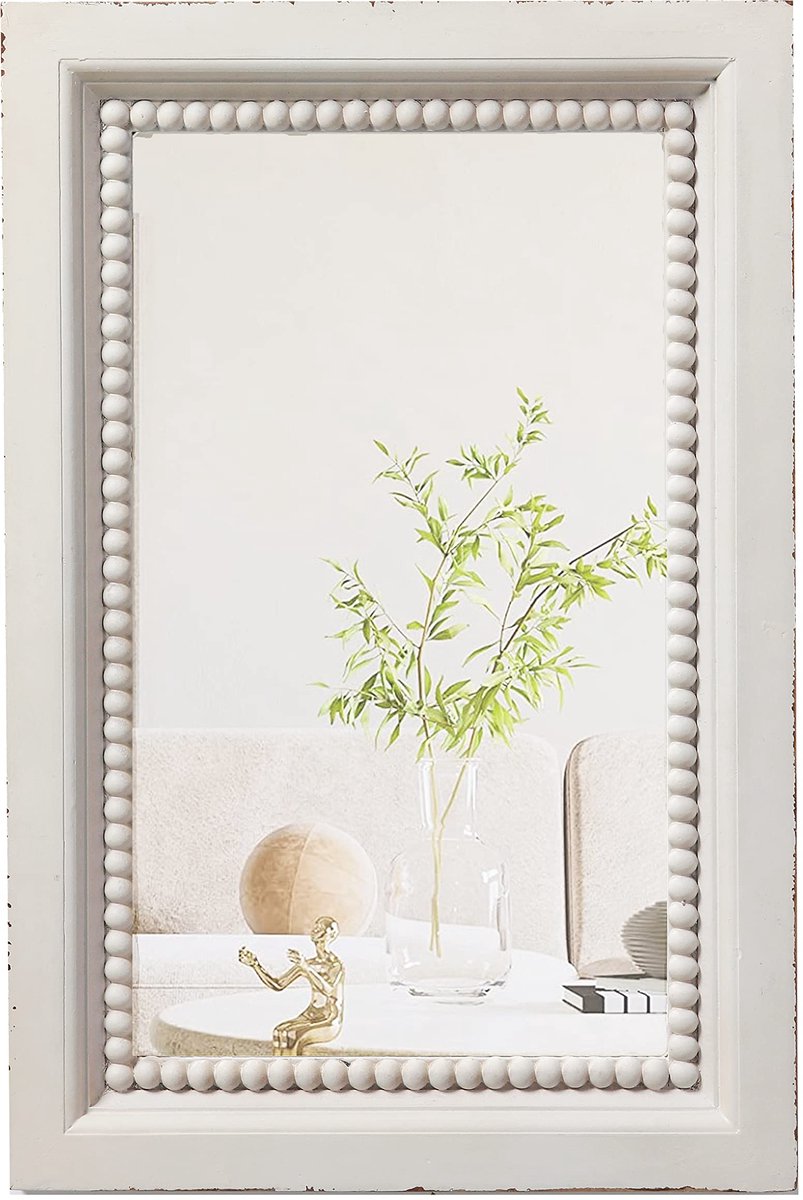 SnelShoppen - Boho rechthoekige wandspiegel 60 x 40 cm, rustieke witte houten wanddecoratie met parelversiering voor woonkamer, slaapkamer, badkamer e